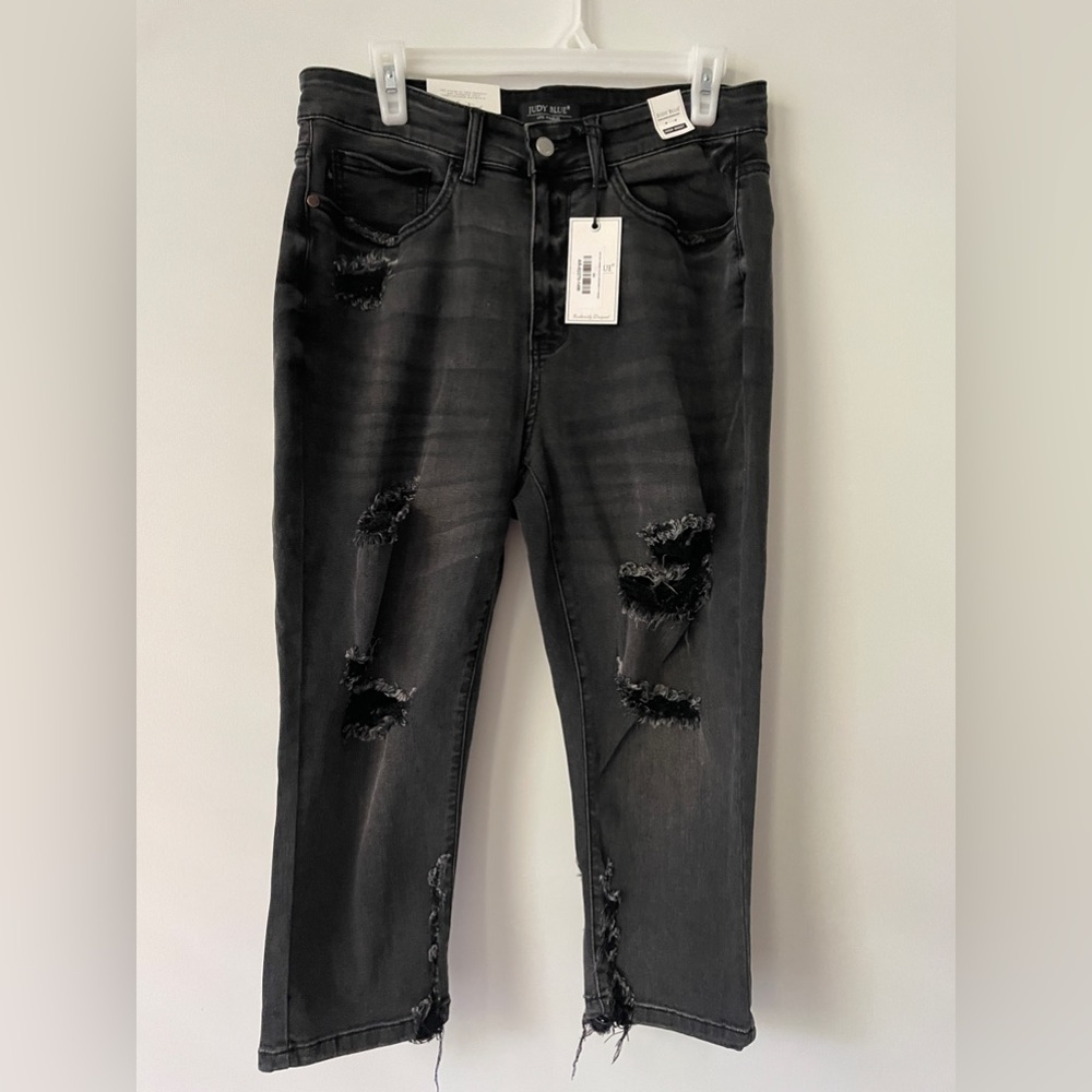 NWT Judy Blue Hi Waisted Skinny Capri Jeans Black Size 14W Distressed 20” Inseam
